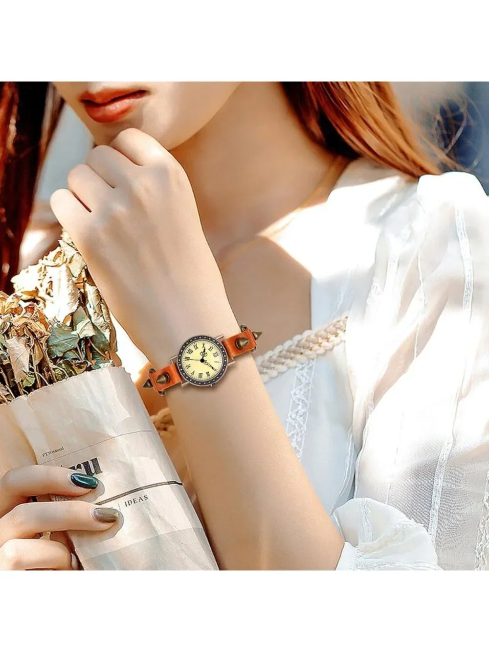 Unisex Orange Analog Quartz Spike Wide Leather Strap Band Vintage Wrist Watch